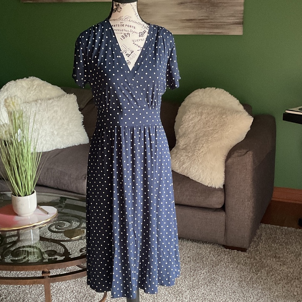 L.L. Bean Navy and White Polka Dot Midi Dress, Size M